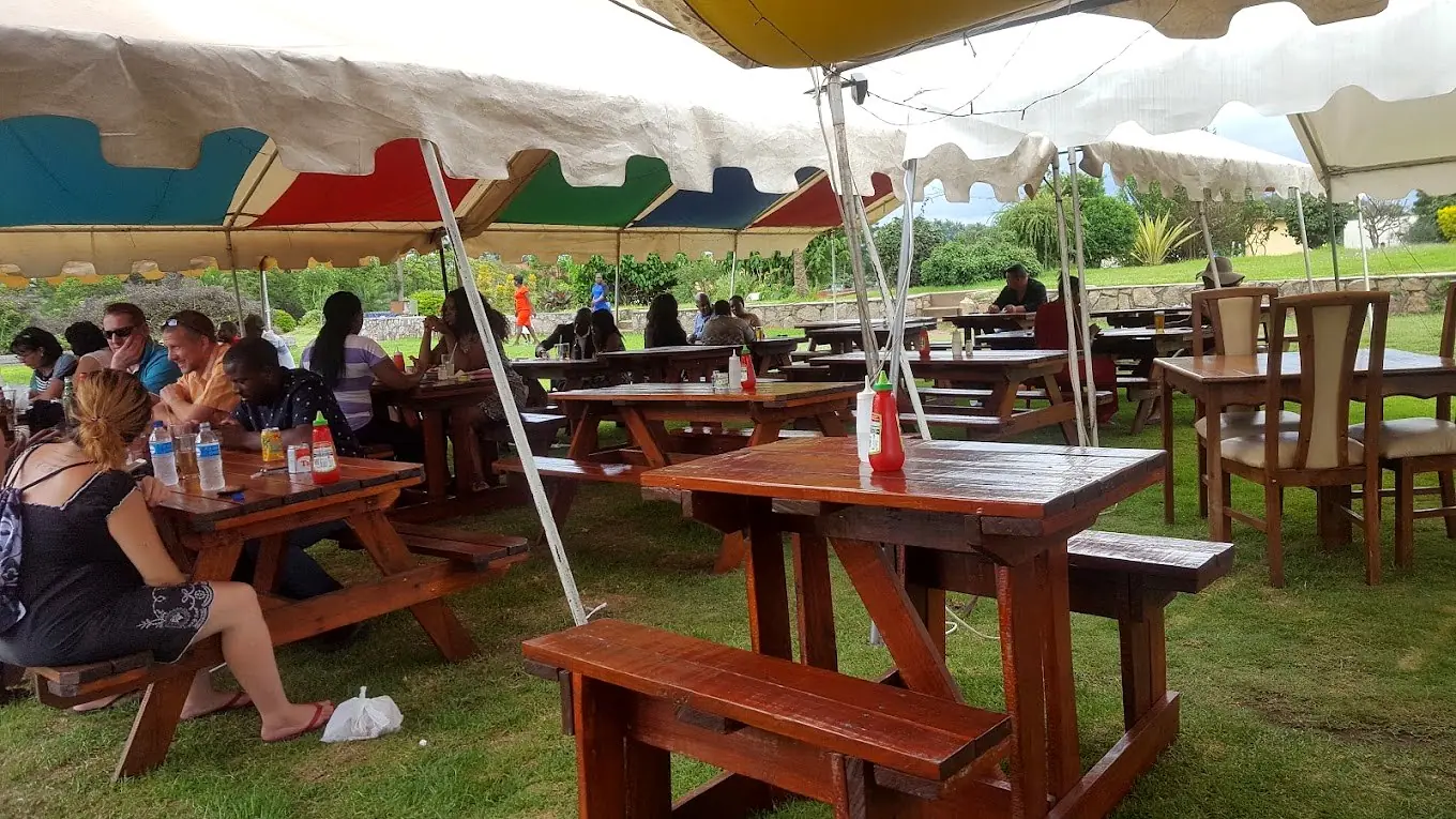 Guests dining at picnic tables under umbrellas